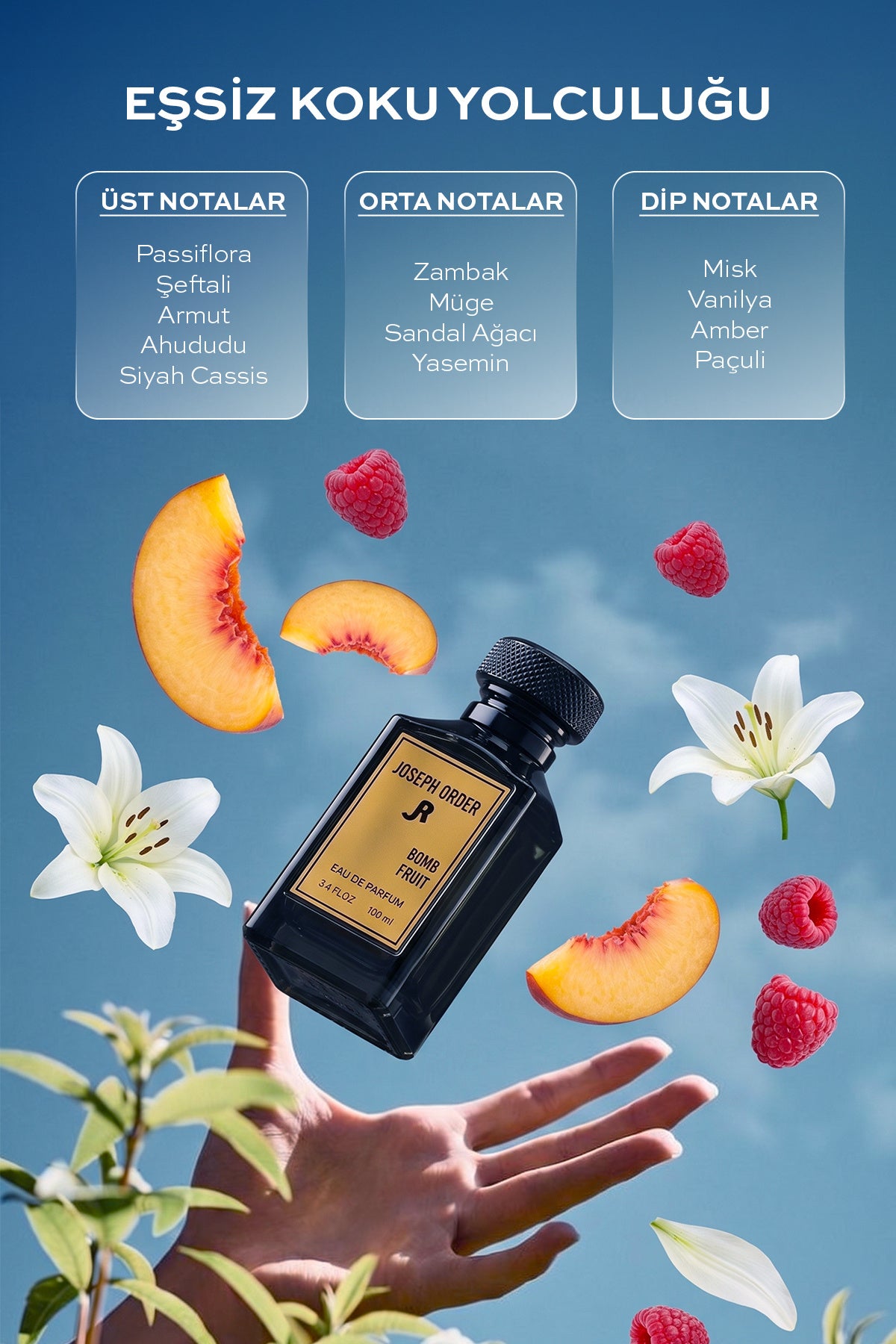 Joseph Order Bomb Fruit koku notaları: üst nota passiflora, şeftali, armut, ahududu, siyah cassis; orta nota zambak, müge, sandal ağacı, yasemin; dip nota misk, vanilya, amber, paçuli