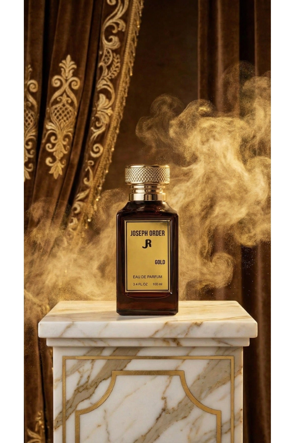Joseph Order Gold 100 ml erkek parfüm şişesi, mermer sütun üzerinde altın dumanlar arasında