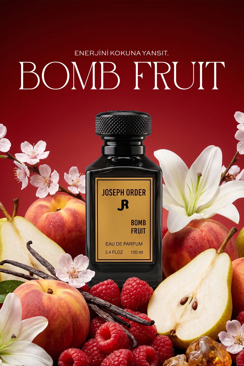 Joseph Order Bomb Fruit 100 ml unisex parfüm şişesi, şeftali armut ahududu ve zambaklarla kırmızı zeminde
