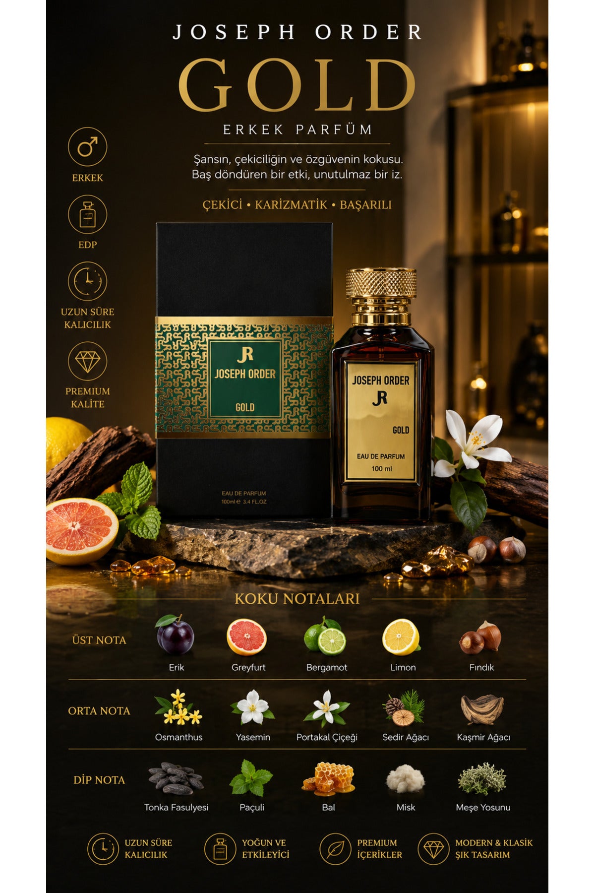 Joseph Order Gold koku notaları: üst nota erik, greyfurt, bergamot, limon, fındık; orta nota osmanthus, yasemin, portakal çiçeği, sedir ağacı, kaşmir ağacı; dip nota tonka fasulyesi, paçuli, bal, misk, meşe yosunu