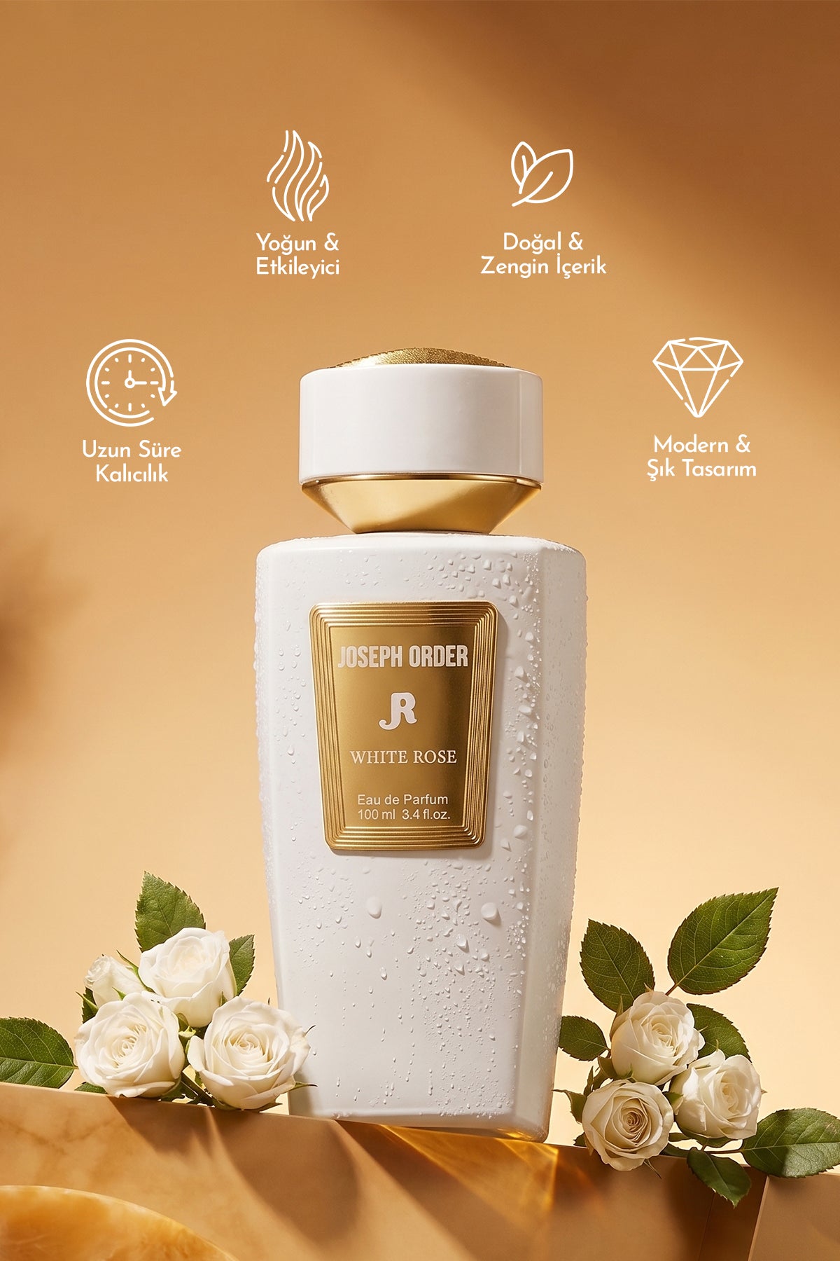 Joseph Order White Rose 100 ml kadın parfüm şişesi ve özellikleri: yoğun ve etkileyici, doğal ve zengin içerik, uzun süre kalıcılık, modern ve şık tasarım