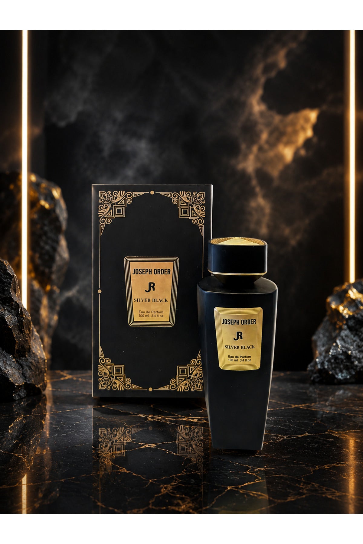 Joseph Order Silver Black 100 ml erkek parfüm şişesi ve hediye kutusu, siyah mermer zeminde