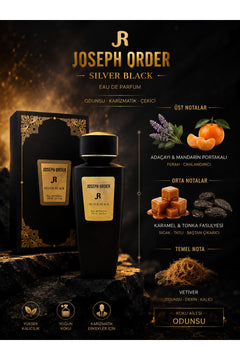 Joseph Order Silver Black koku notaları: üst nota adaçayı ve mandarin portakalı; orta nota karamel ve tonka fasulyesi; temel nota vetiver. Koku ailesi odunsu