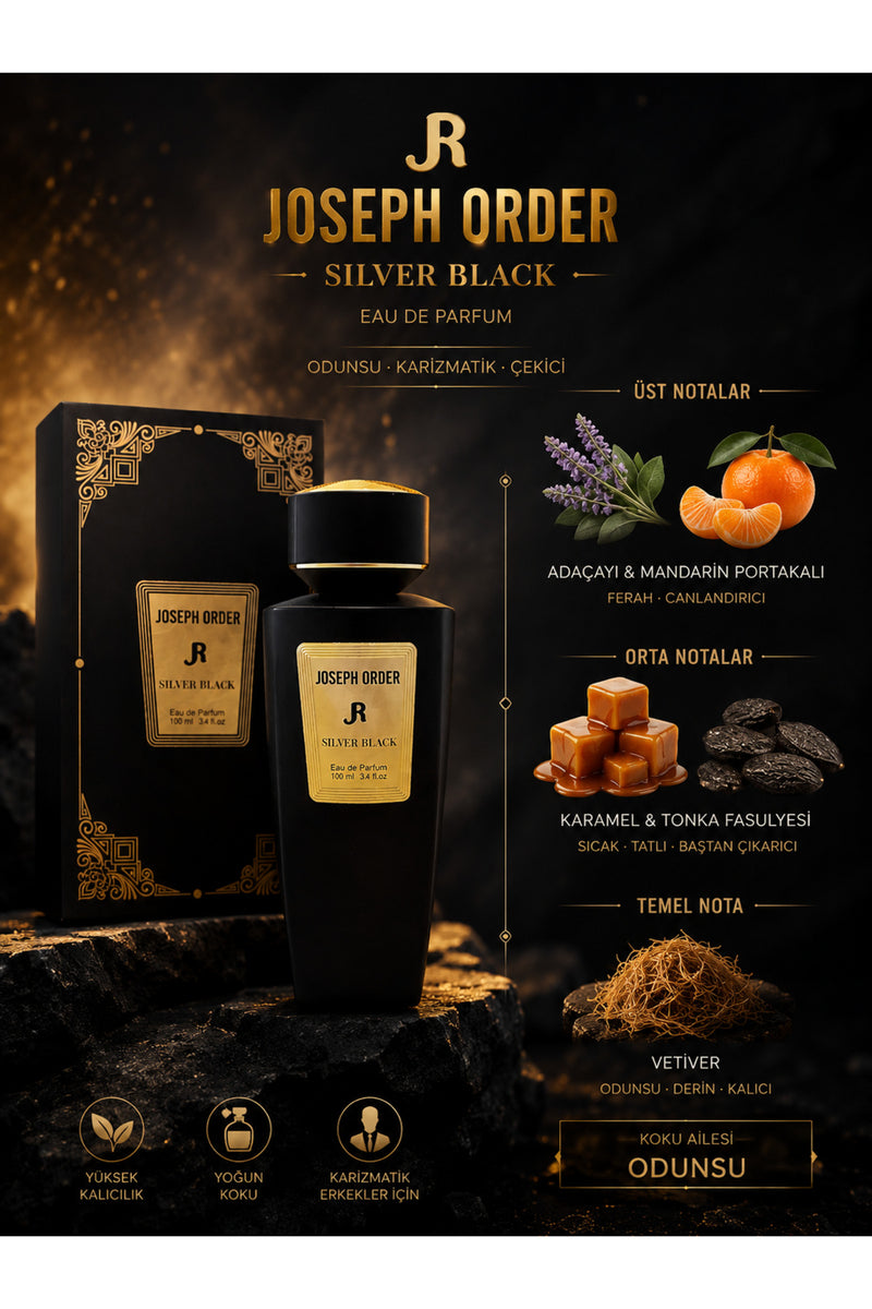 Joseph Order Silver Black koku notaları: üst nota adaçayı ve mandarin portakalı; orta nota karamel ve tonka fasulyesi; temel nota vetiver. Koku ailesi odunsu