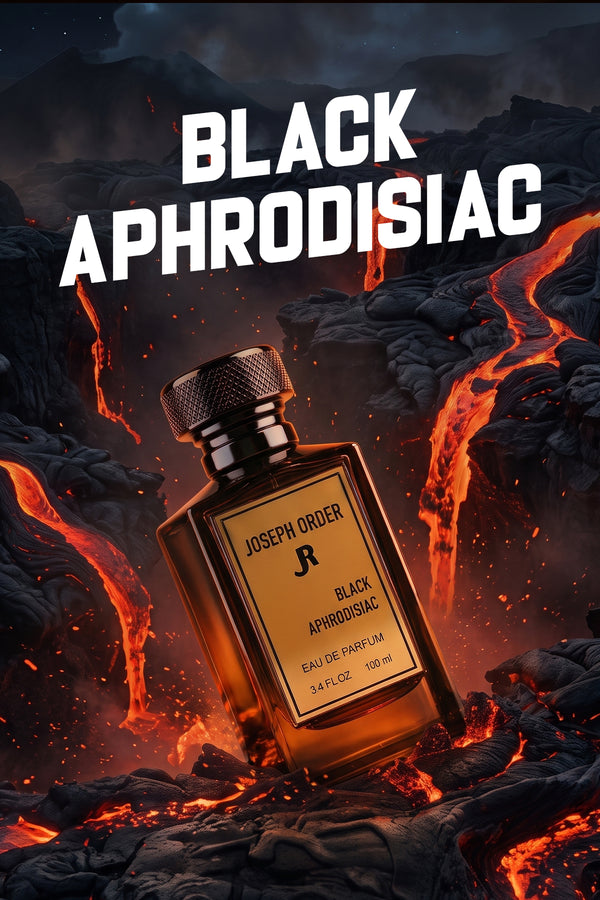 Joseph Order Black Aphrodisiac 100 ml erkek parfüm şişesi, akkor lav kayaları üzerinde