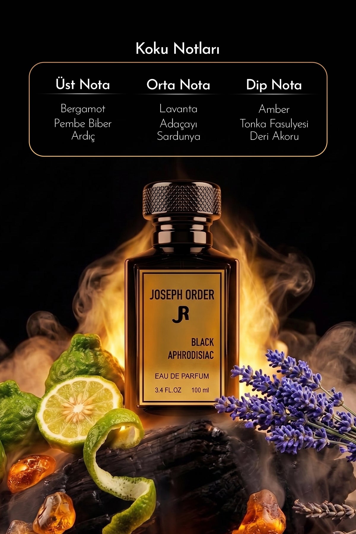 Joseph Order Black Aphrodisiac koku notaları: üst nota bergamot, pembe biber, ardıç; orta nota lavanta, adaçayı, sardunya; dip nota amber, tonka fasulyesi, deri akoru