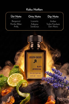 Joseph Order Black Aphrodisiac koku notaları: üst nota bergamot, pembe biber, ardıç; orta nota lavanta, adaçayı, sardunya; dip nota amber, tonka fasulyesi, deri akoru
