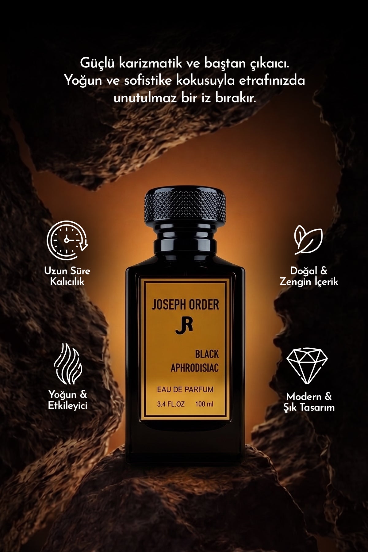 Joseph Order Black Aphrodisiac 100 ml erkek parfüm şişesi ve özellikleri: uzun süre kalıcılık, doğal ve zengin içerik, yoğun ve etkileyici, modern ve şık tasarım