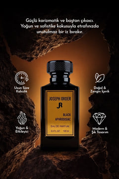 Joseph Order Black Aphrodisiac 100 ml erkek parfüm şişesi ve özellikleri: uzun süre kalıcılık, doğal ve zengin içerik, yoğun ve etkileyici, modern ve şık tasarım