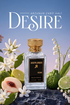 Joseph Order Desire 100 ml kadın parfüm şişesi, portakal çiçeği inci çiçeği ve bergamotla mavi gökyüzü zemininde