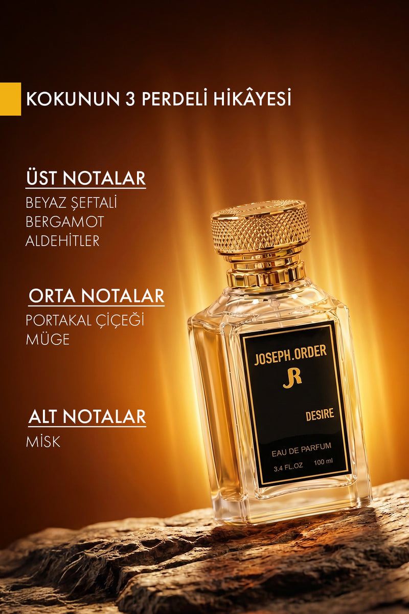 Joseph Order Desire koku notaları: üst nota beyaz şeftali, bergamot, aldehitler; orta nota portakal çiçeği, müge; alt nota misk