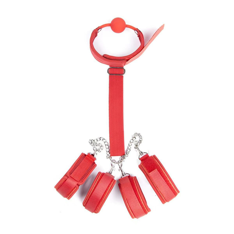 Ball Gag Hand and Ankle Restraint Set Red