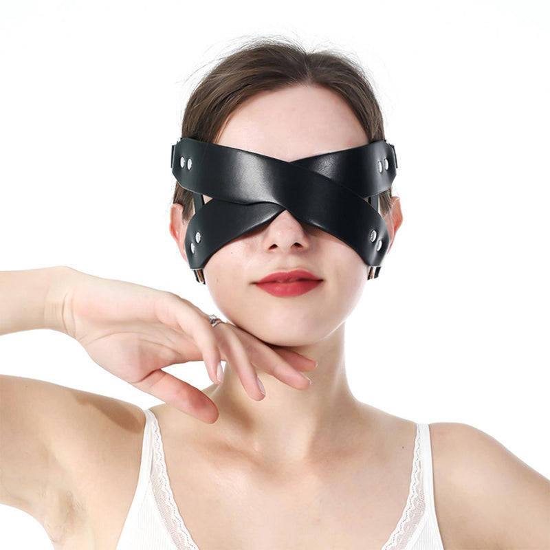 Leather Crossed Blindfold with Adjustable Harness