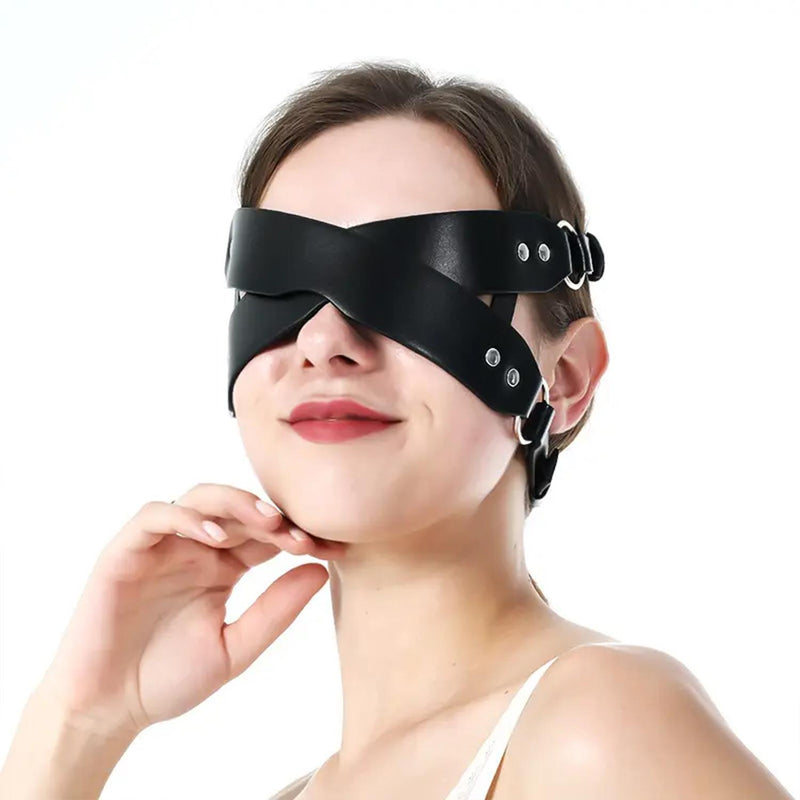 Leather Crossed Blindfold with Adjustable Harness