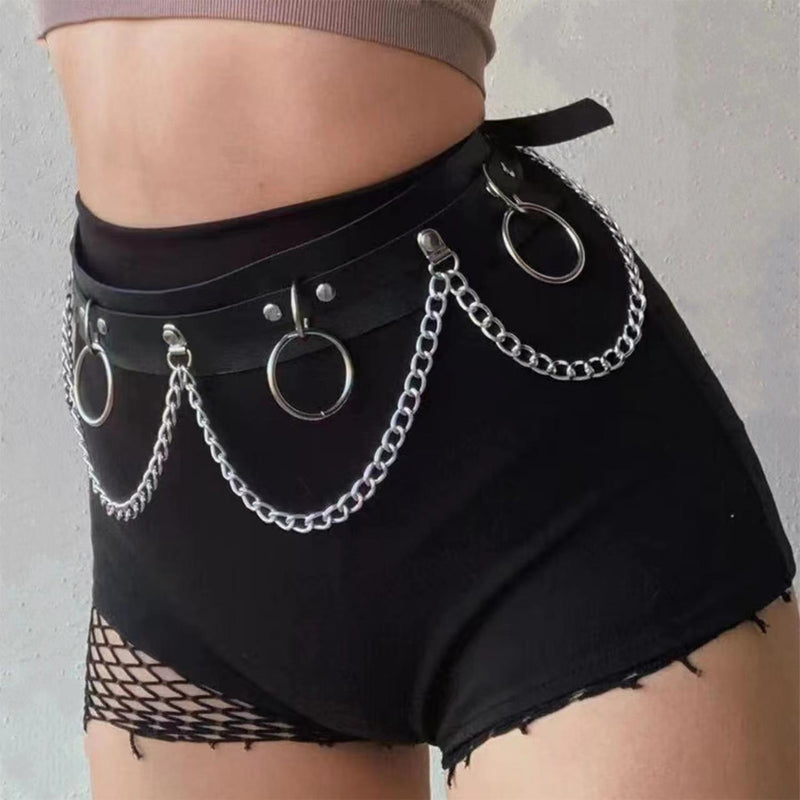 Gothic Harness Belt with Metal Rings and Chain Detail
