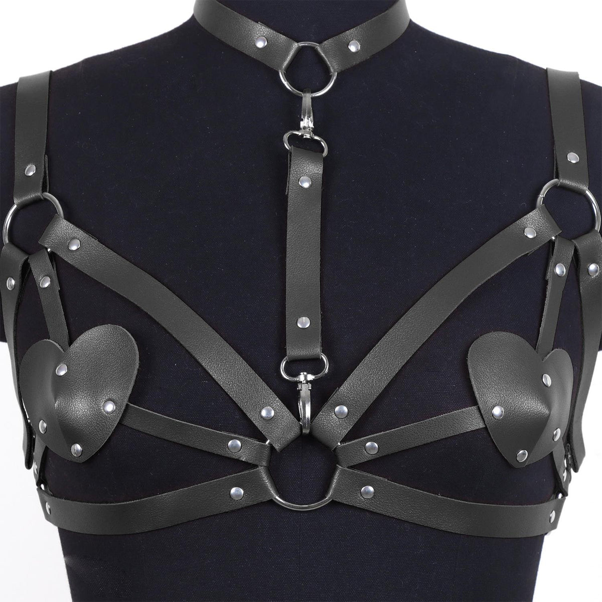 Kalp Detaylı Deri Vücut Harness Takımı Siyah