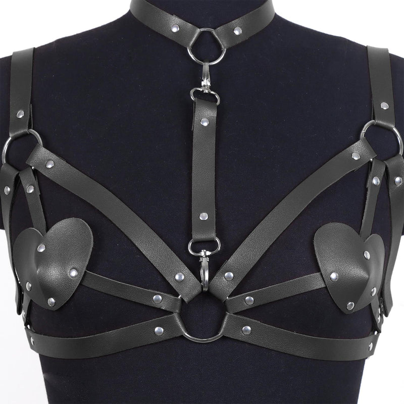 Kalp Detaylı Deri Vücut Harness Takımı Siyah