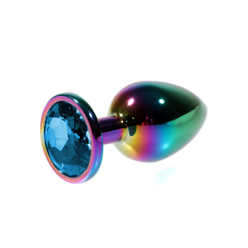 Metal Anal Plug with Blue Gem Rainbow Medium