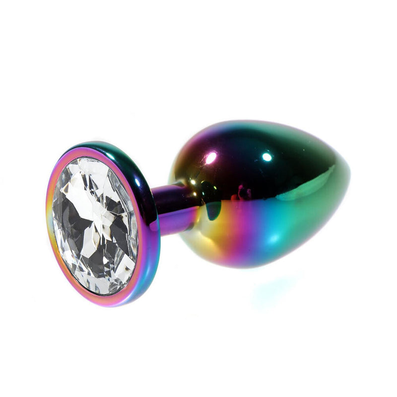 Metal Anal Plug with Clear Gem Rainbow Small