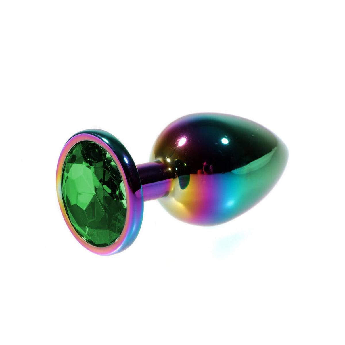Metal Anal Plug with Green Gem Rainbow Medium