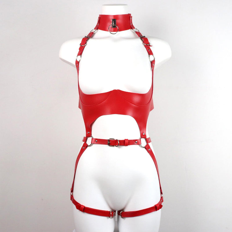 Red Leather Full Body Harness Set